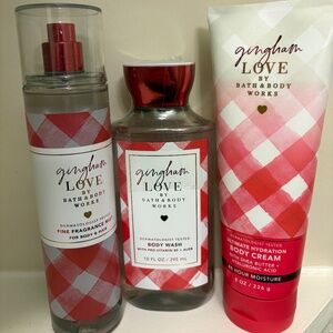 Bath and Body Works Gingham Love set: body cream, wash, and spray